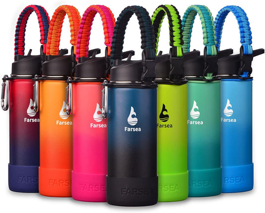 Farsea Insulated Water Bottle With Paracord Handle, Protective Silicone Boot and 2 Lids (Straw Lid & Spout Lid), Stainless Steel Water Bottle Wide Mouth, Double Wall Sweat-Proof BPA-Free, 18 oz