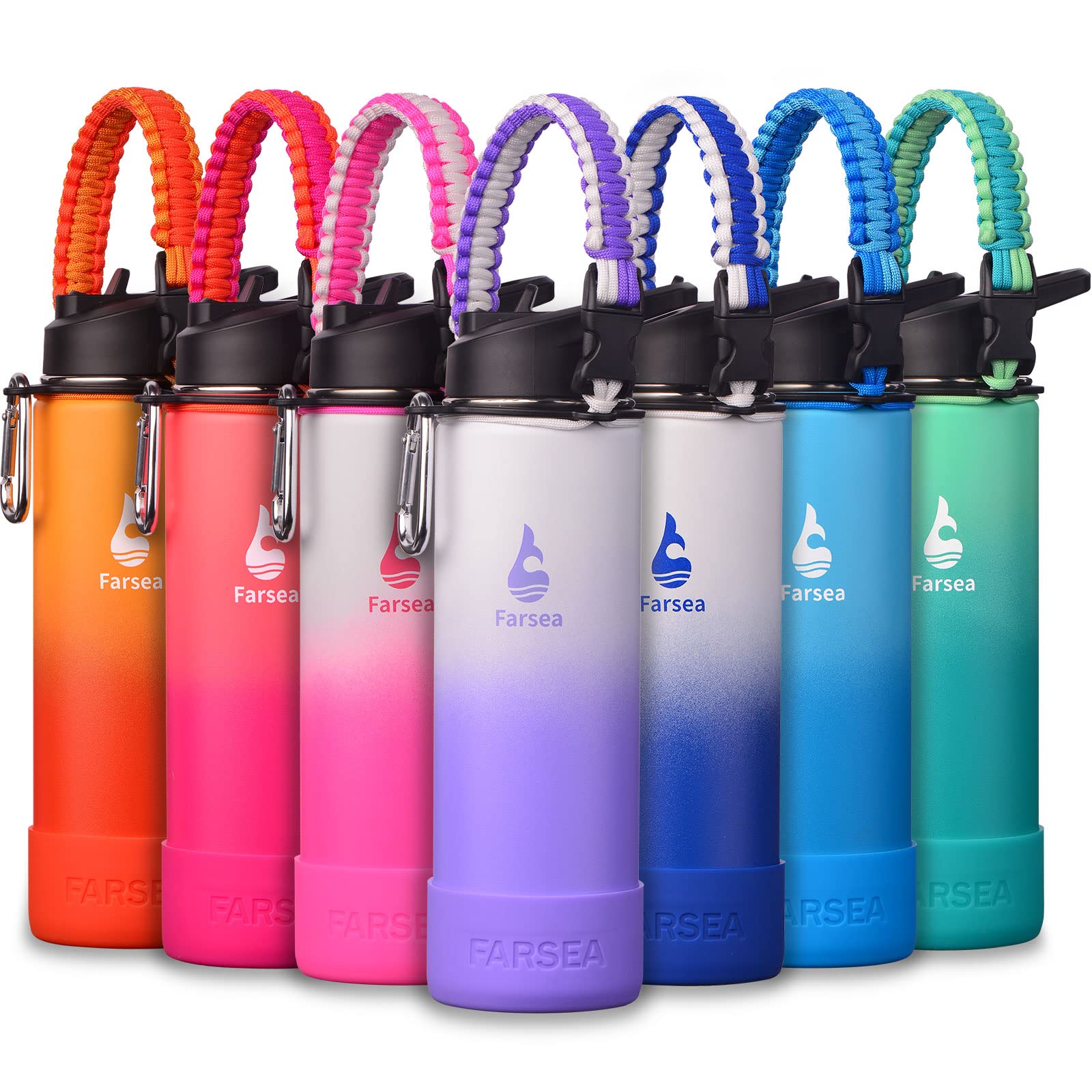 Farsea Insulated Water Bottle With Paracord Handle, Protective Silicone Boot and 2 Lids (Straw Lid & Spout Lid), Stainless Steel Water Bottle Wide Mouth, Double Wall Sweat-Proof BPA-Free, 18 oz