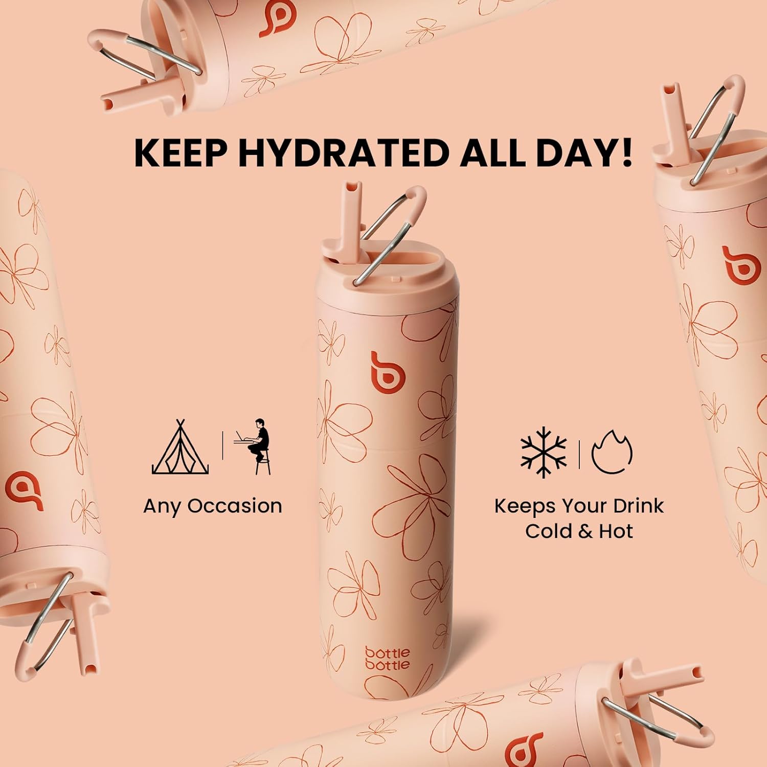 BOTTLE BOTTLE Insulated Water Bottle 24oz with Straw Lid and Handle for Sports Travel Gym Stainless Steel Water Bottles Double-Wall Vacuum Metal Leak Proof BPA-Free