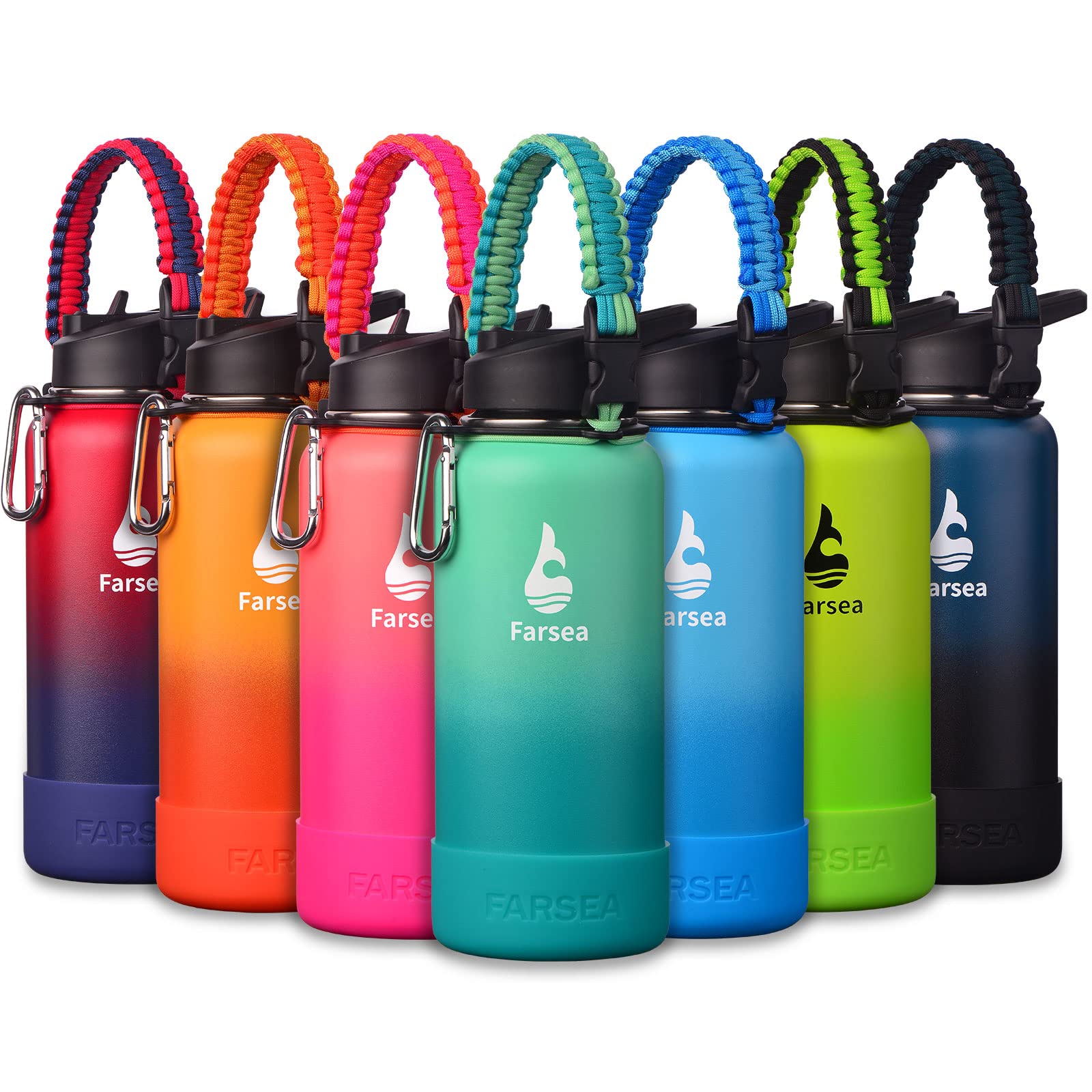 Farsea Insulated Water Bottle With Paracord Handle, Protective Silicone Boot and 2 Lids (Straw Lid & Spout Lid), Stainless Steel Water Bottle Wide Mouth, Double Wall Sweat-Proof BPA-Free, 18 oz