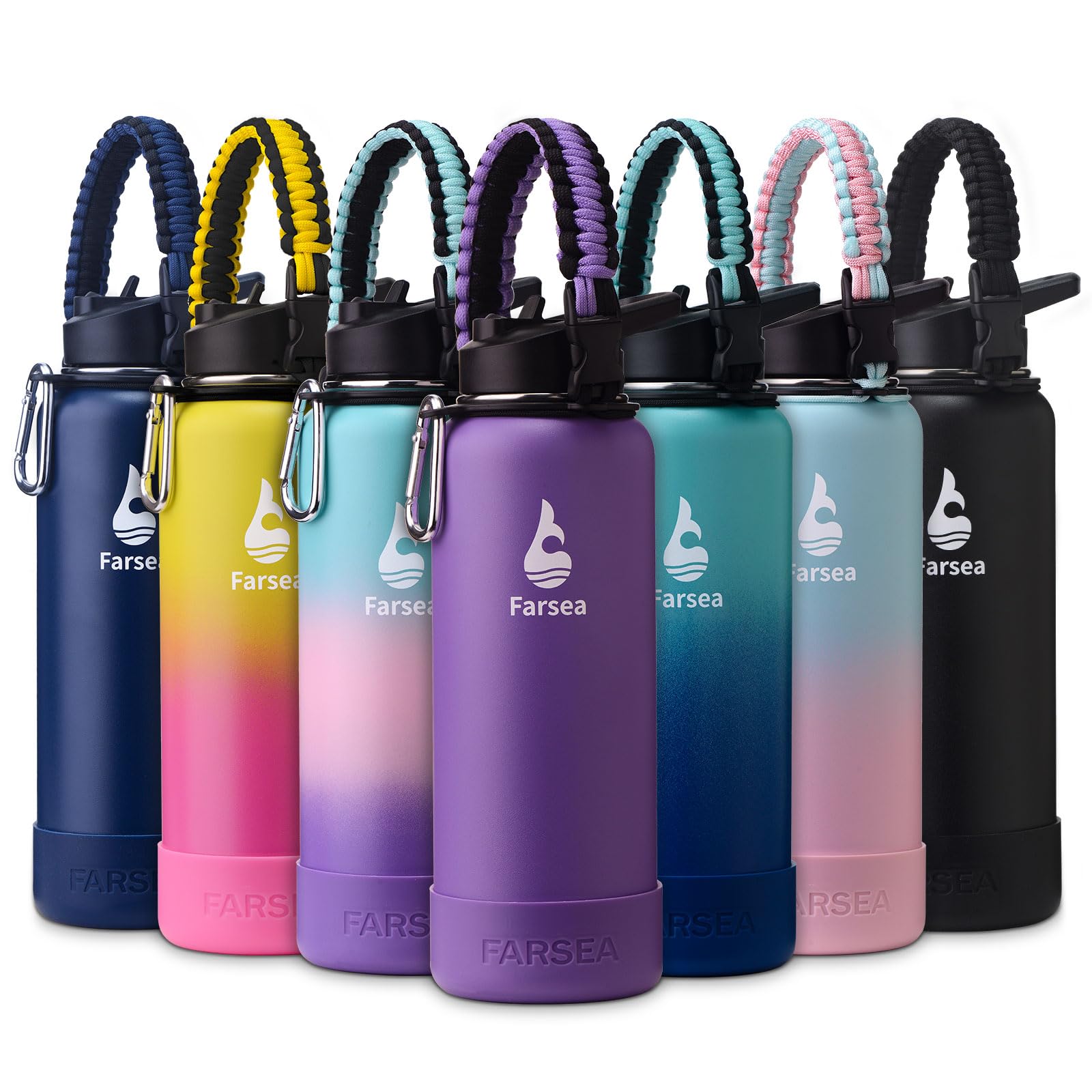 Farsea Insulated Water Bottle With Paracord Handle, Protective Silicone Boot and 2 Lids (Straw Lid & Spout Lid), Stainless Steel Water Bottle Wide Mouth, Double Wall Sweat-Proof BPA-Free, 18 oz