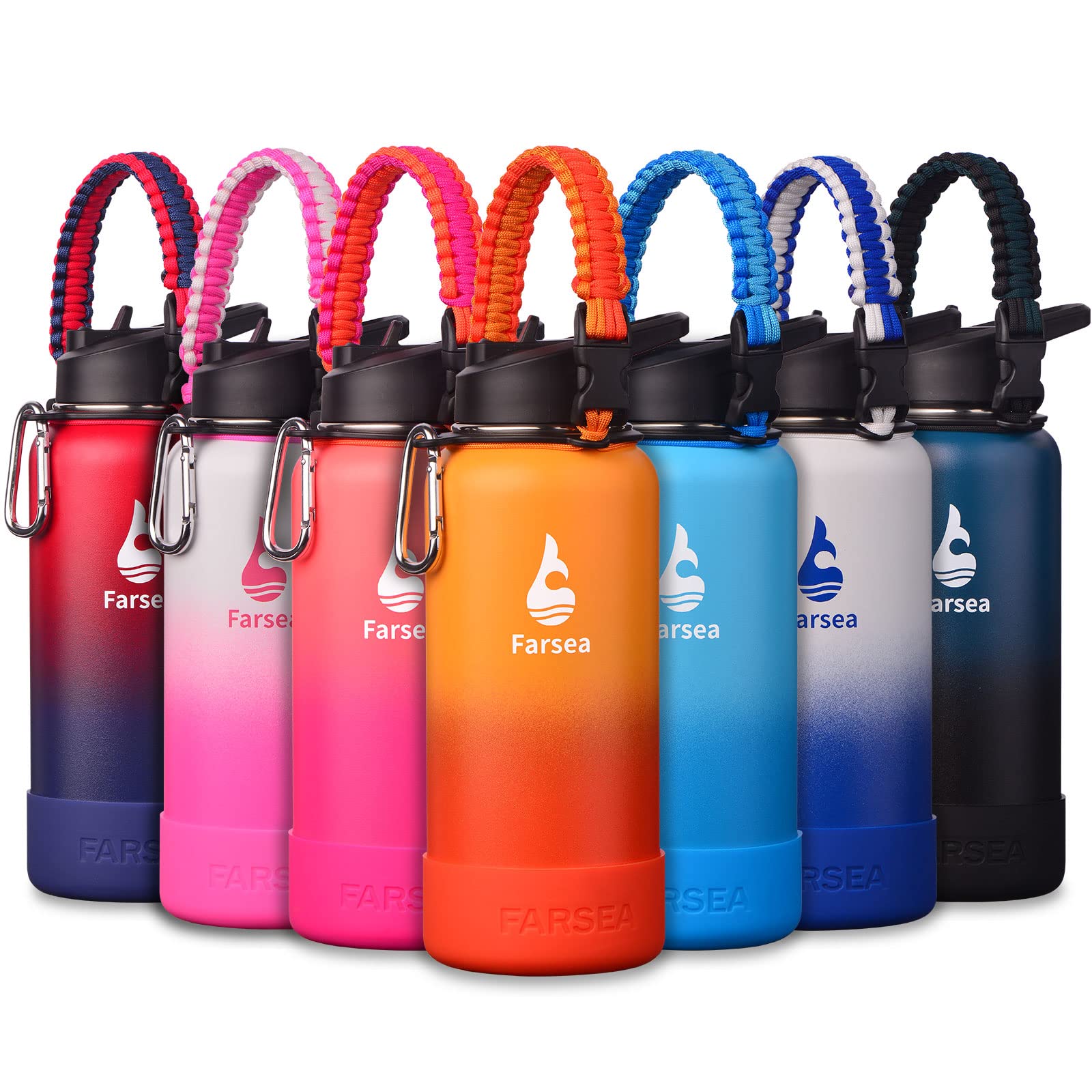 Farsea Insulated Water Bottle With Paracord Handle, Protective Silicone Boot and 2 Lids (Straw Lid & Spout Lid), Stainless Steel Water Bottle Wide Mouth, Double Wall Sweat-Proof BPA-Free, 18 oz