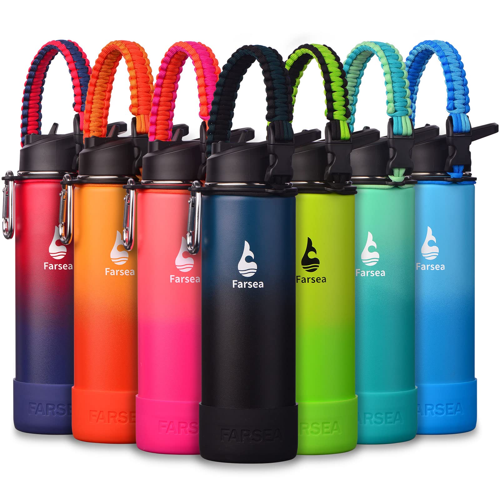 Farsea Insulated Water Bottle With Paracord Handle, Protective Silicone Boot and 2 Lids (Straw Lid & Spout Lid), Stainless Steel Water Bottle Wide Mouth, Double Wall Sweat-Proof BPA-Free, 18 oz