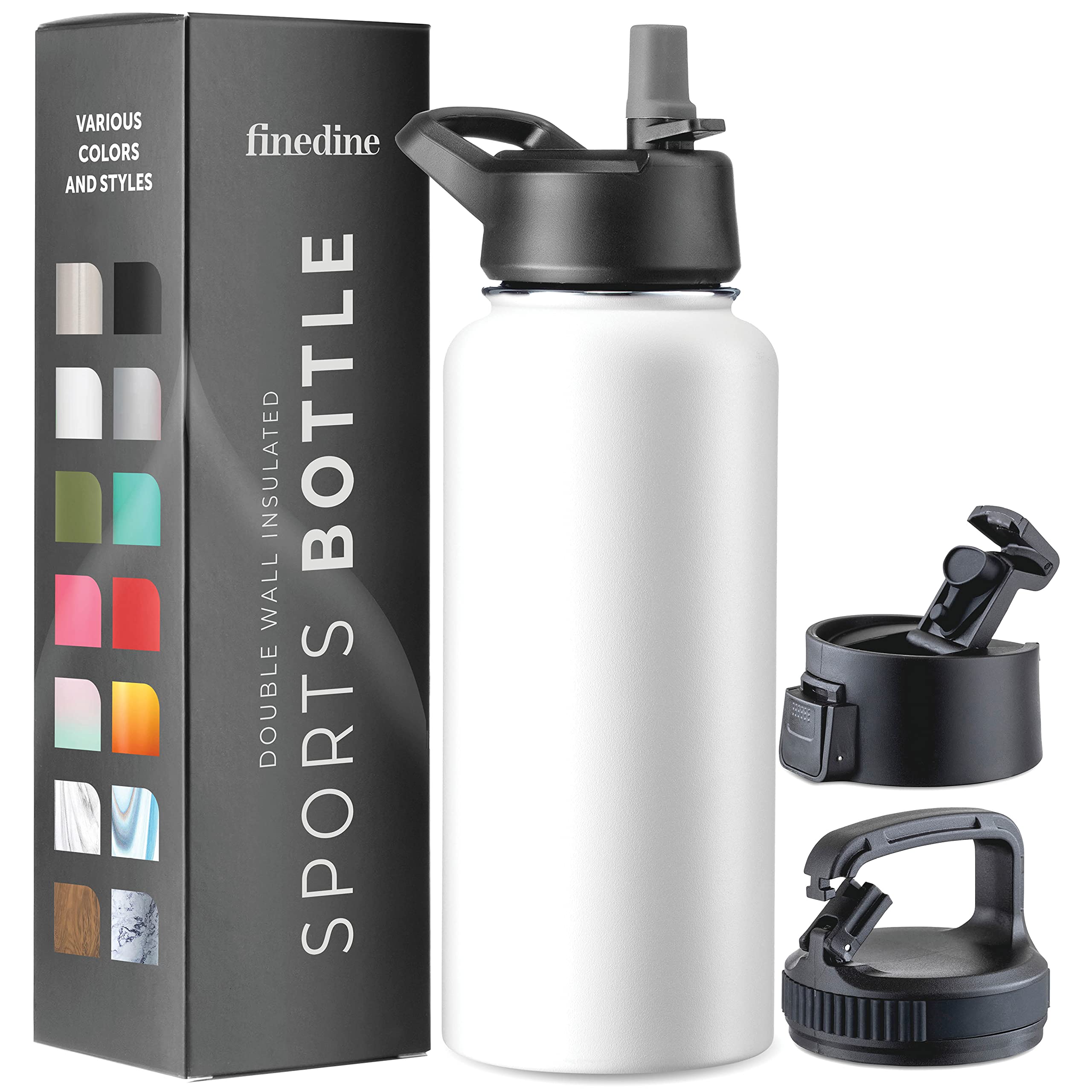 FineDine 25 Oz Insulated Water Bottle with Straw - Triple Walled Stainless Steel Metal Bottle W/ 3 Leak Proof Lids - For Travel, School, Sports, Gym/Men, Women & Kids - Inky Raven Black
