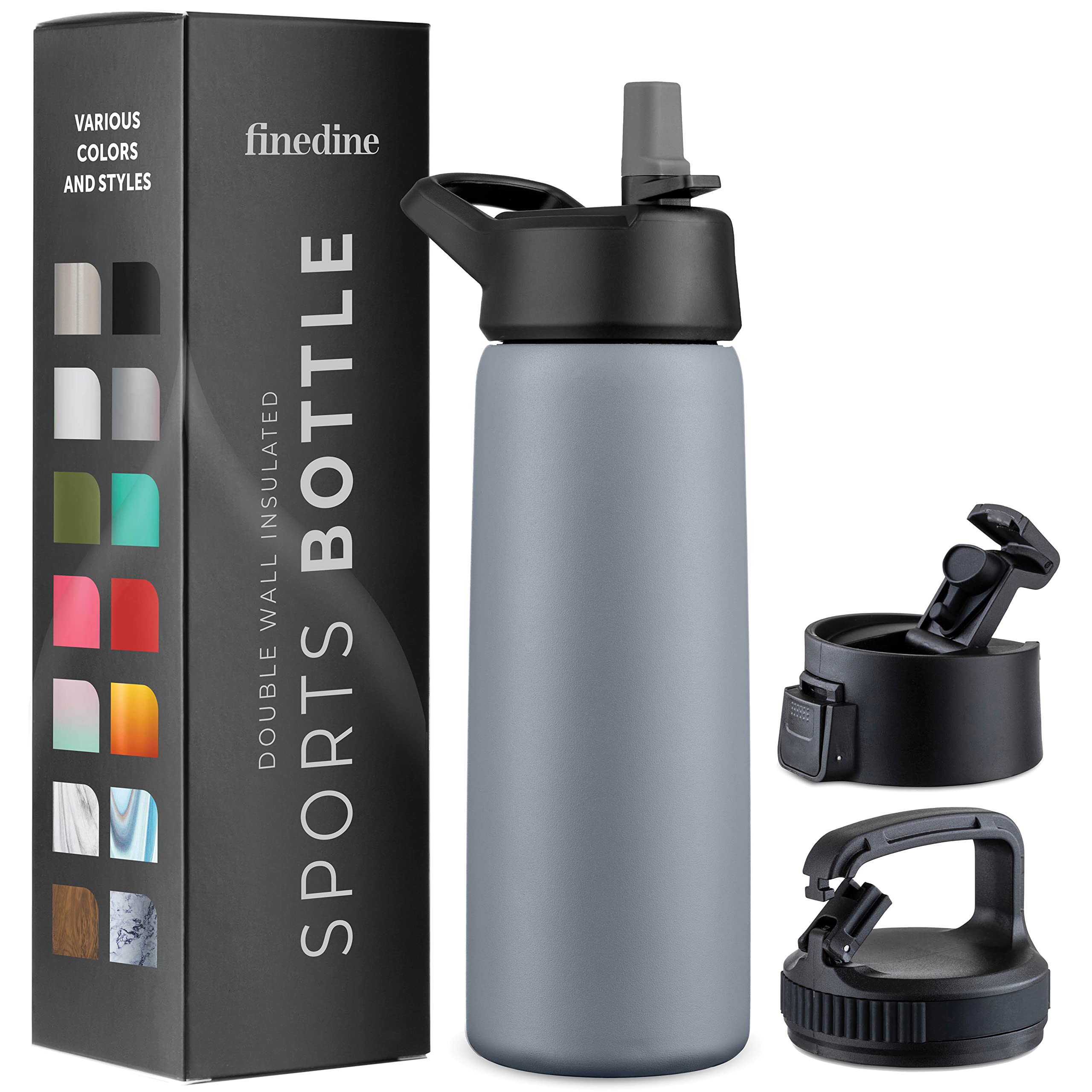 FineDine 25 Oz Insulated Water Bottle with Straw - Triple Walled Stainless Steel Metal Bottle W/ 3 Leak Proof Lids - For Travel, School, Sports, Gym/Men, Women & Kids - Inky Raven Black