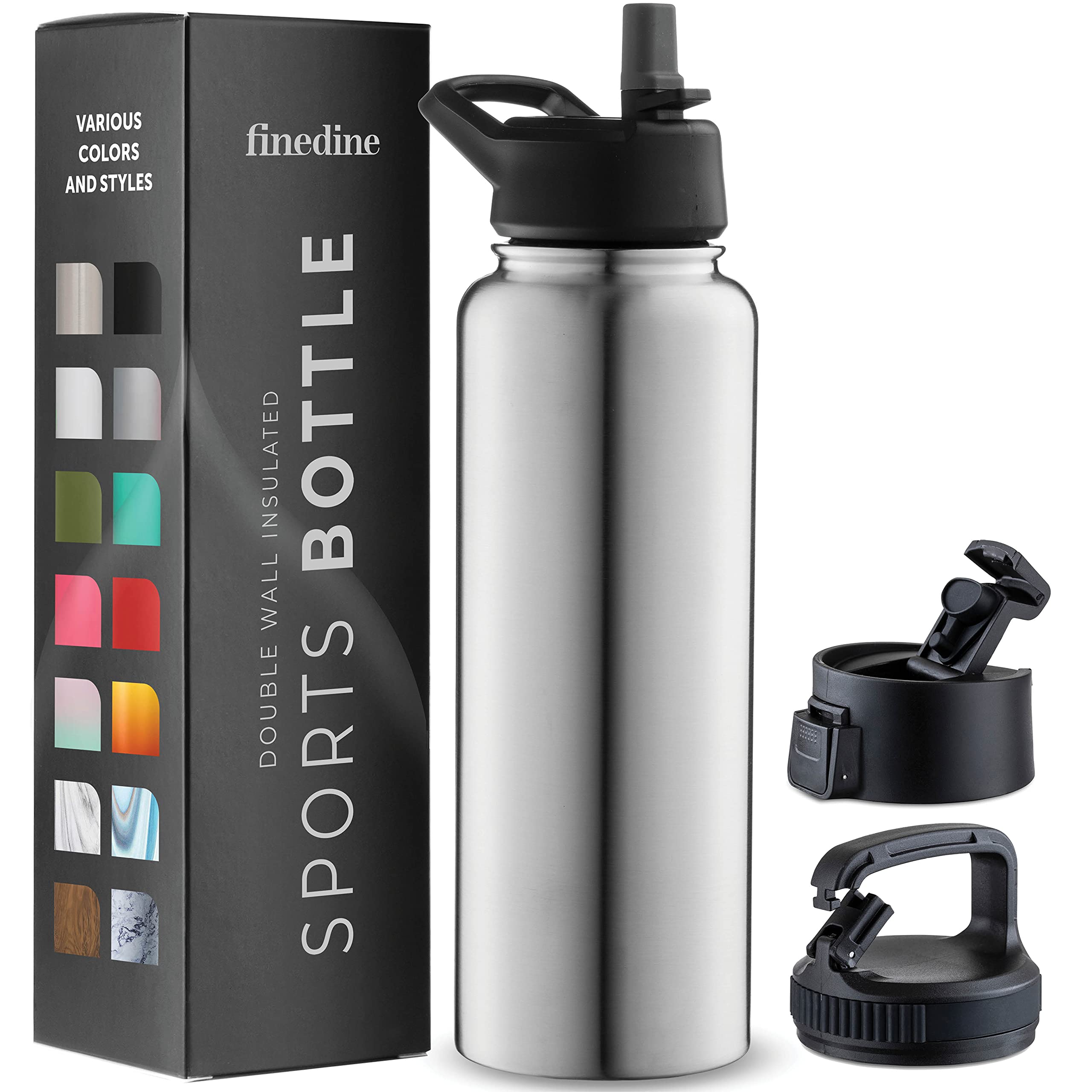 FineDine 25 Oz Insulated Water Bottle with Straw - Triple Walled Stainless Steel Metal Bottle W/ 3 Leak Proof Lids - For Travel, School, Sports, Gym/Men, Women & Kids - Inky Raven Black
