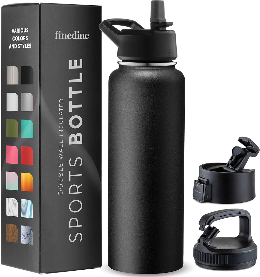 FineDine 25 Oz Insulated Water Bottle with Straw - Triple Walled Stainless Steel Metal Bottle W/ 3 Leak Proof Lids - For Travel, School, Sports, Gym/Men, Women & Kids - Inky Raven Black