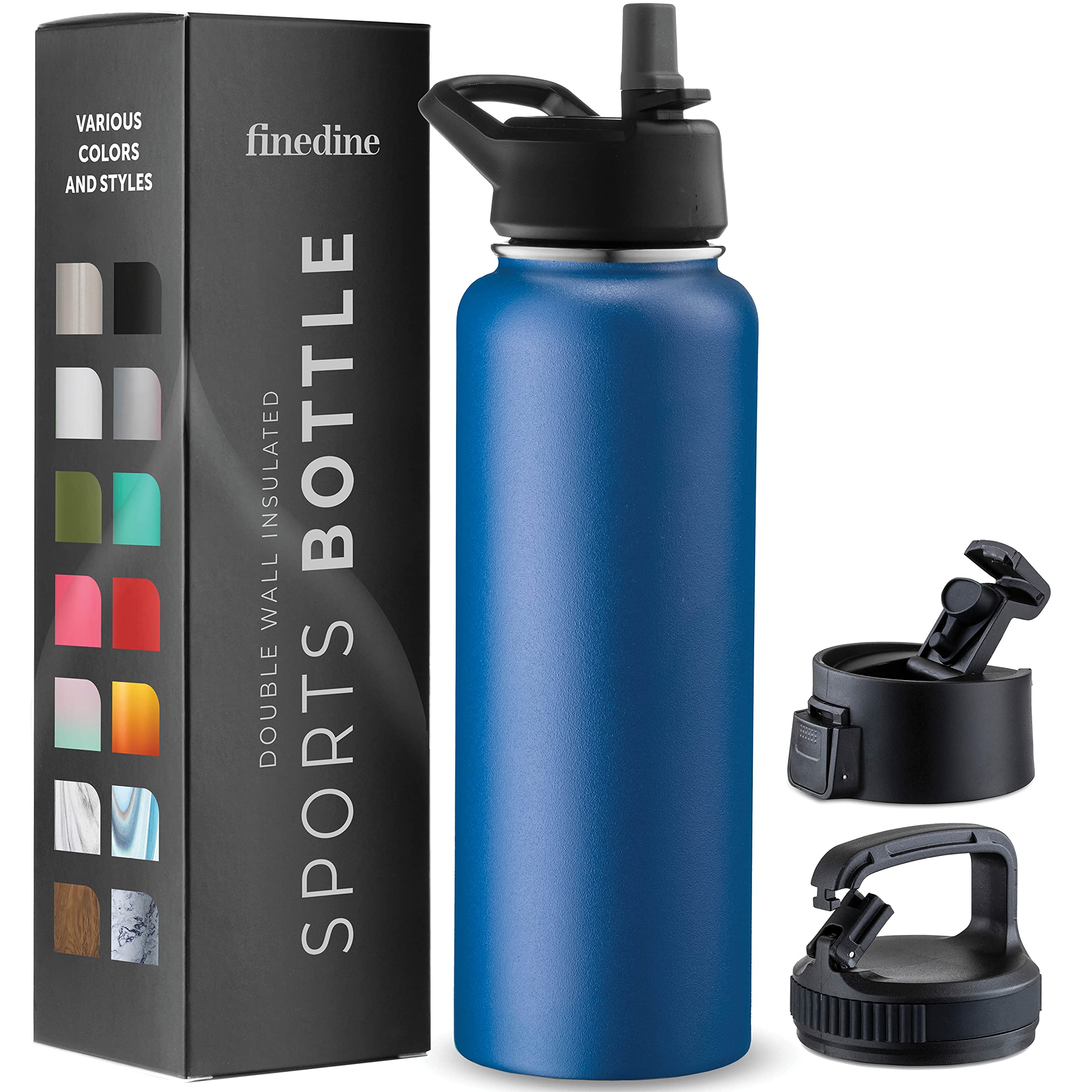 FineDine 25 Oz Insulated Water Bottle with Straw - Triple Walled Stainless Steel Metal Bottle W/ 3 Leak Proof Lids - For Travel, School, Sports, Gym/Men, Women & Kids - Inky Raven Black