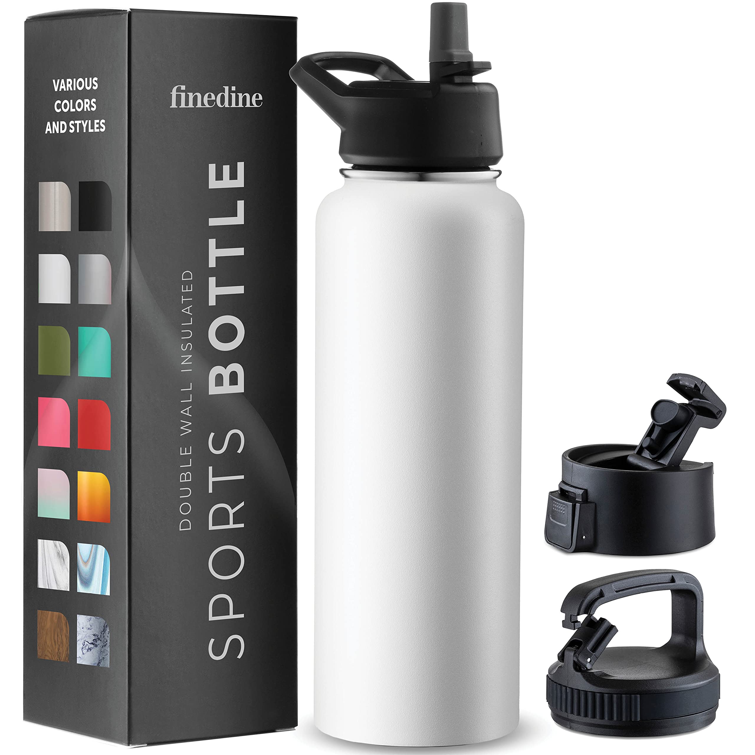 FineDine 25 Oz Insulated Water Bottle with Straw - Triple Walled Stainless Steel Metal Bottle W/ 3 Leak Proof Lids - For Travel, School, Sports, Gym/Men, Women & Kids - Inky Raven Black