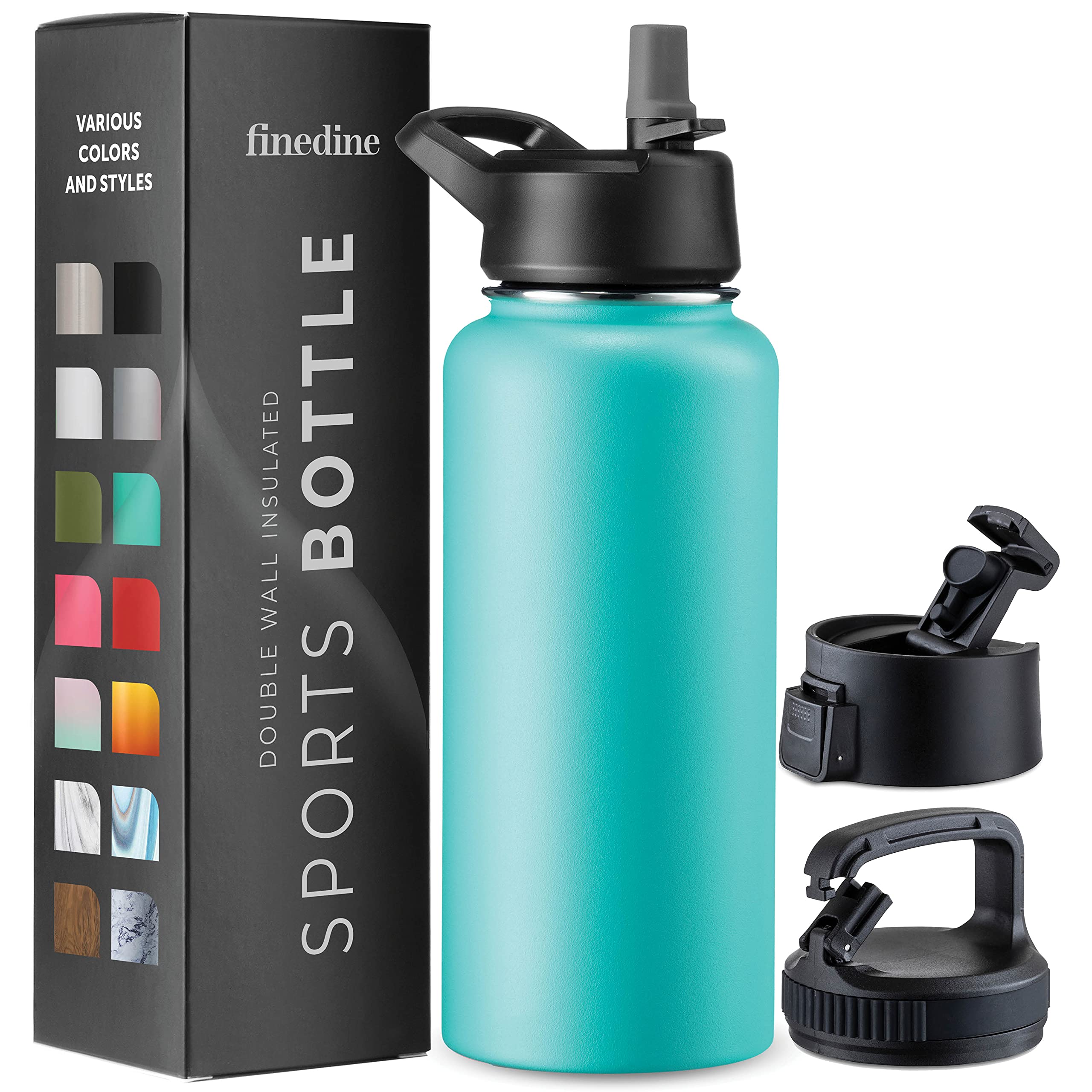 FineDine 25 Oz Insulated Water Bottle with Straw - Triple Walled Stainless Steel Metal Bottle W/ 3 Leak Proof Lids - For Travel, School, Sports, Gym/Men, Women & Kids - Inky Raven Black