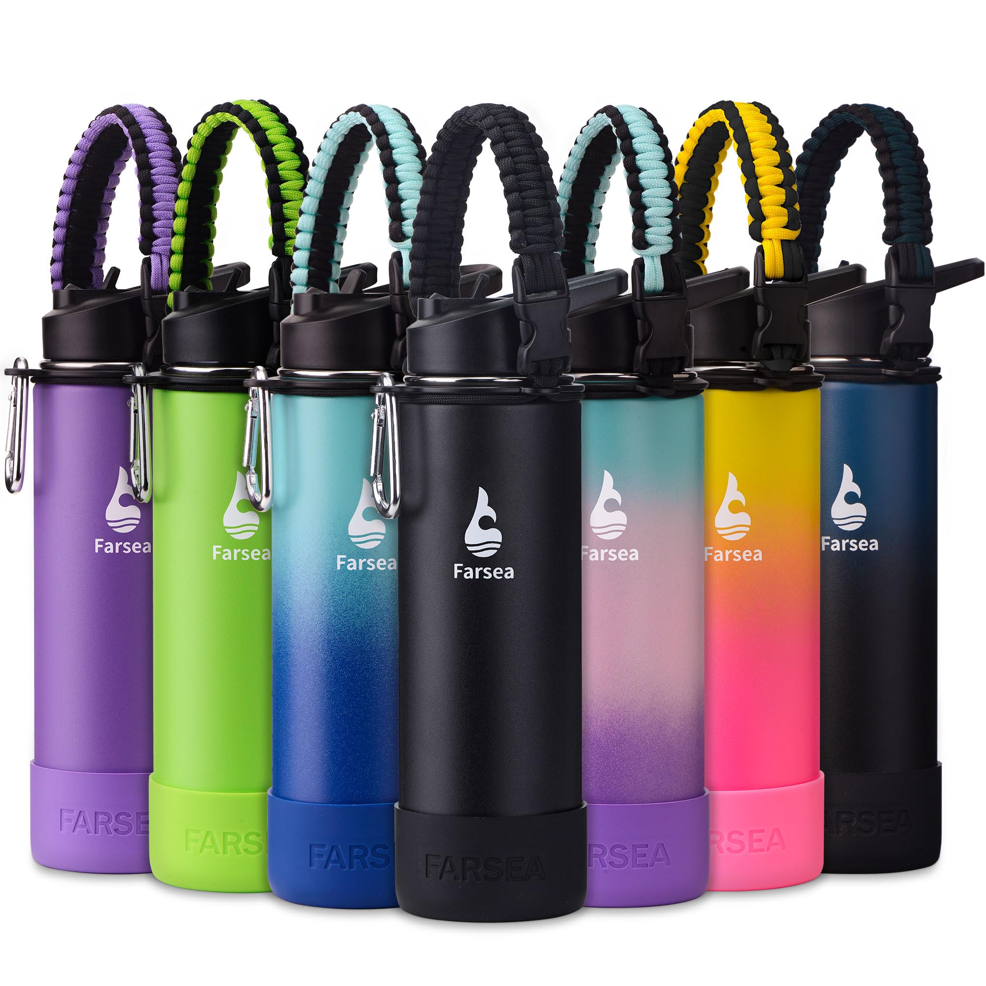 Farsea Insulated Water Bottle With Paracord Handle, Protective Silicone Boot and 2 Lids (Straw Lid & Spout Lid), Stainless Steel Water Bottle Wide Mouth, Double Wall Sweat-Proof BPA-Free, 18 oz