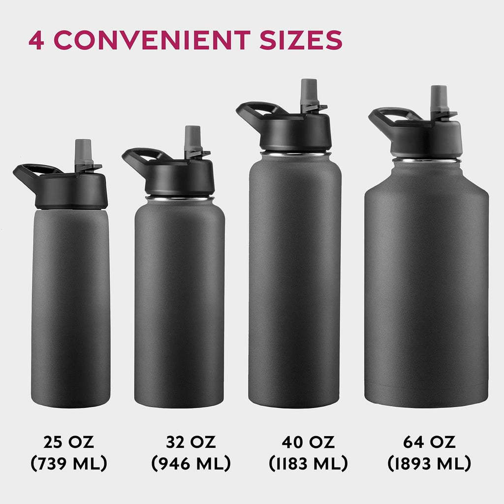 FineDine 25 Oz Insulated Water Bottle with Straw - Triple Walled Stainless Steel Metal Bottle W/ 3 Leak Proof Lids - For Travel, School, Sports, Gym/Men, Women & Kids - Inky Raven Black
