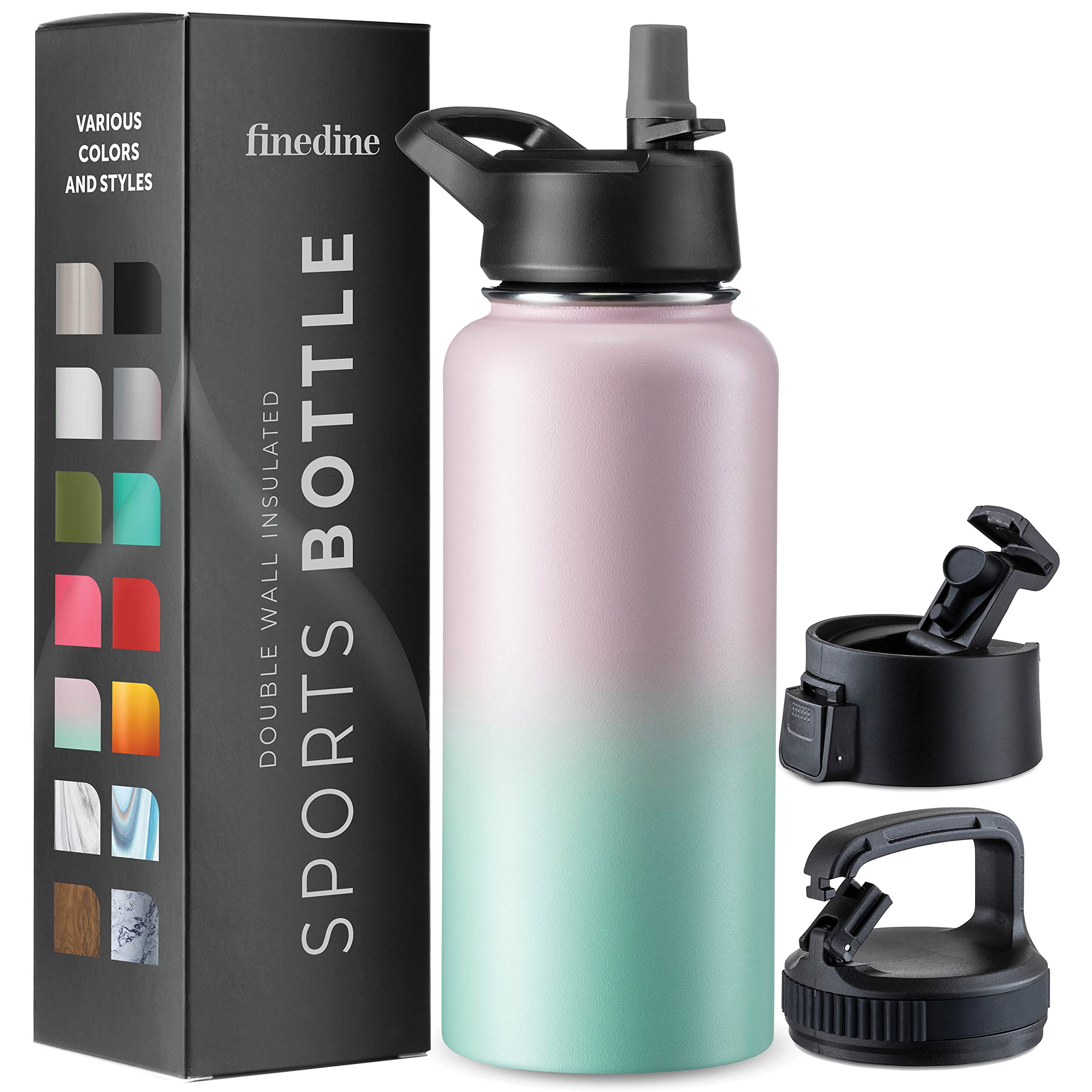 FineDine 25 Oz Insulated Water Bottle with Straw - Triple Walled Stainless Steel Metal Bottle W/ 3 Leak Proof Lids - For Travel, School, Sports, Gym/Men, Women & Kids - Inky Raven Black