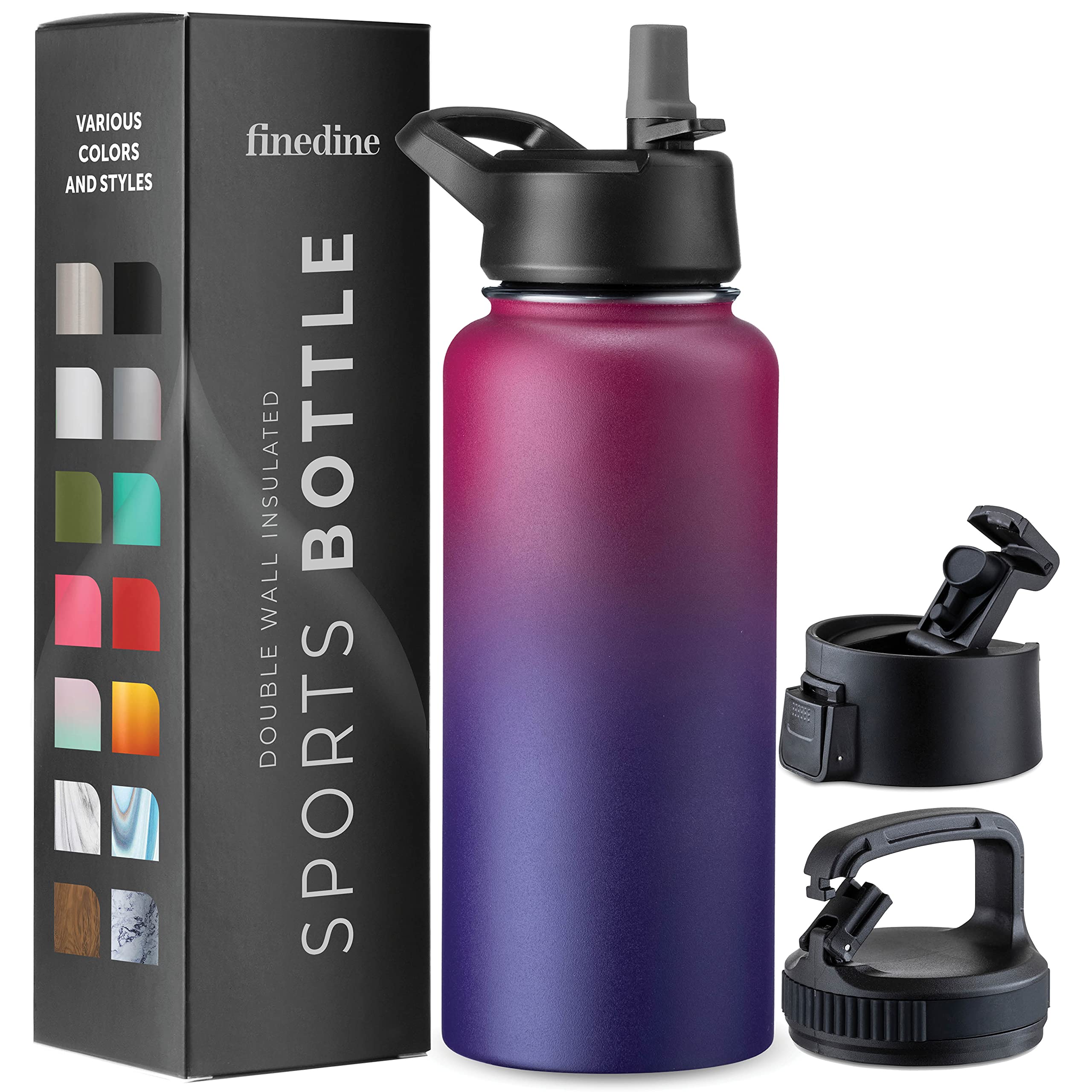 FineDine 25 Oz Insulated Water Bottle with Straw - Triple Walled Stainless Steel Metal Bottle W/ 3 Leak Proof Lids - For Travel, School, Sports, Gym/Men, Women & Kids - Inky Raven Black