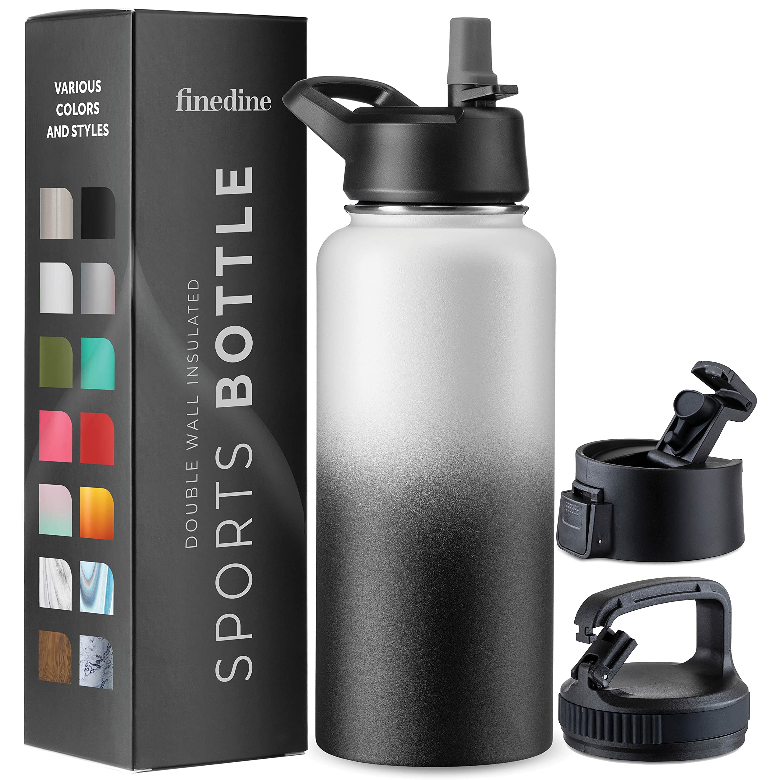 FineDine 25 Oz Insulated Water Bottle with Straw - Triple Walled Stainless Steel Metal Bottle W/ 3 Leak Proof Lids - For Travel, School, Sports, Gym/Men, Women & Kids - Inky Raven Black