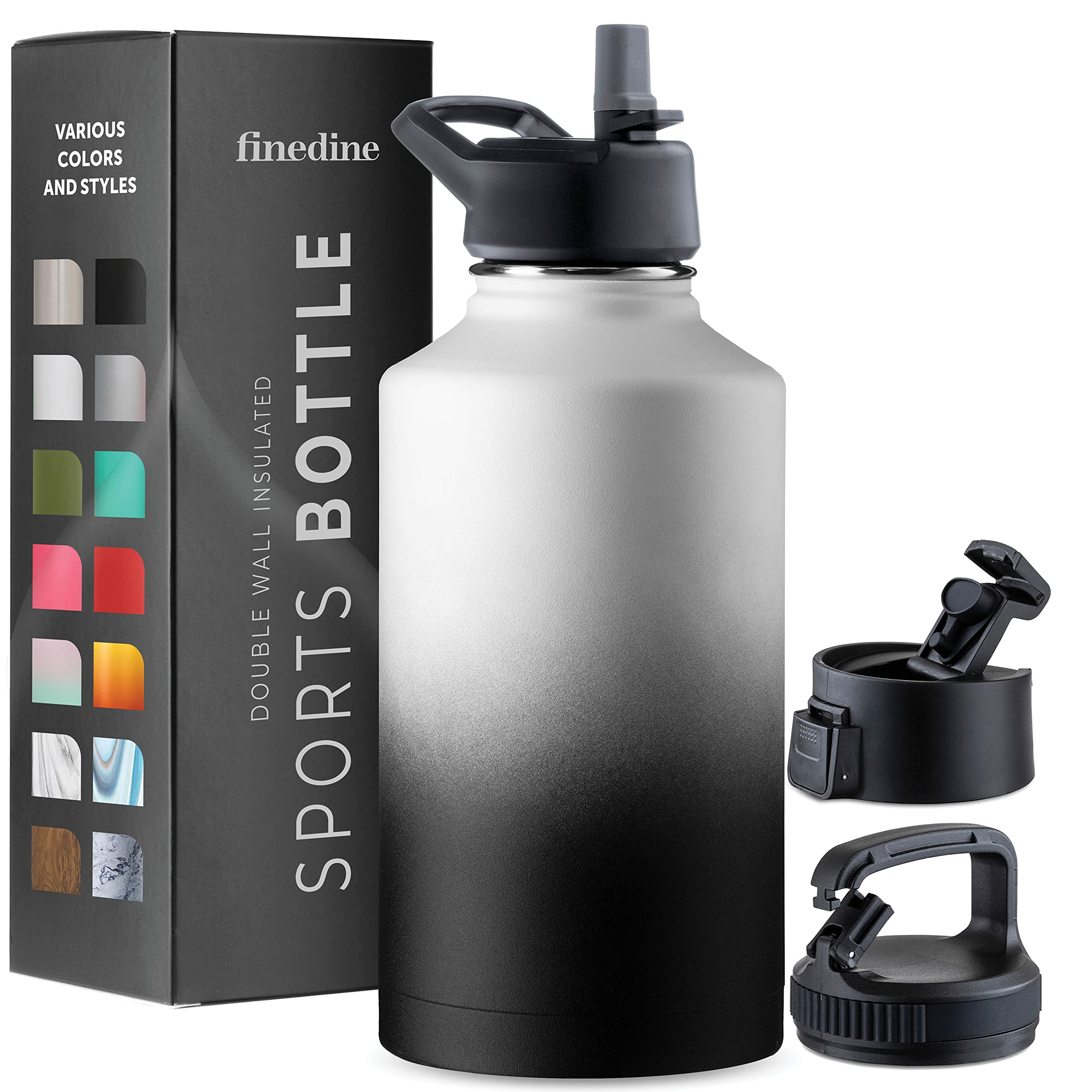 FineDine 25 Oz Insulated Water Bottle with Straw - Triple Walled Stainless Steel Metal Bottle W/ 3 Leak Proof Lids - For Travel, School, Sports, Gym/Men, Women & Kids - Inky Raven Black