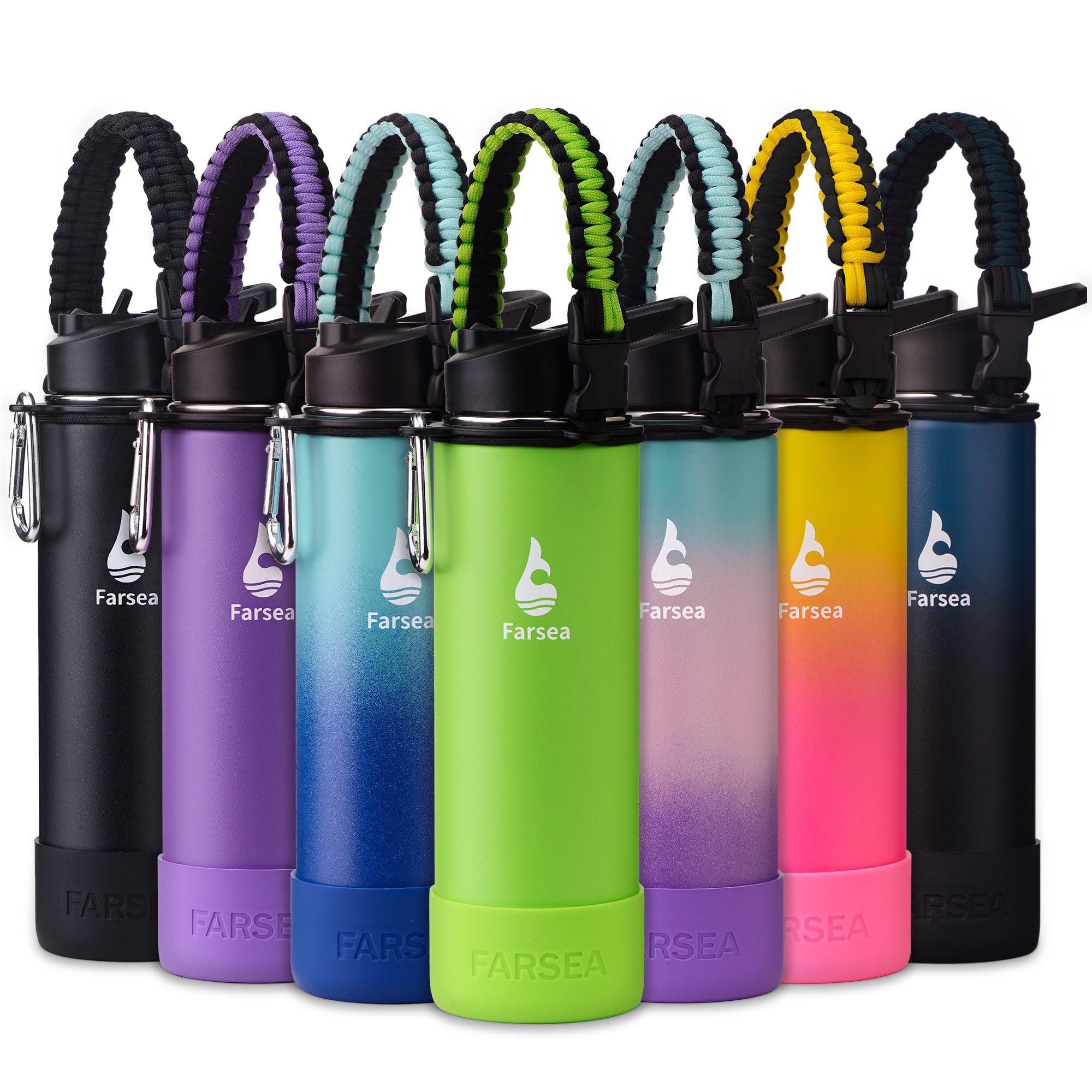 Farsea Insulated Water Bottle With Paracord Handle, Protective Silicone Boot and 2 Lids (Straw Lid & Spout Lid), Stainless Steel Water Bottle Wide Mouth, Double Wall Sweat-Proof BPA-Free, 18 oz