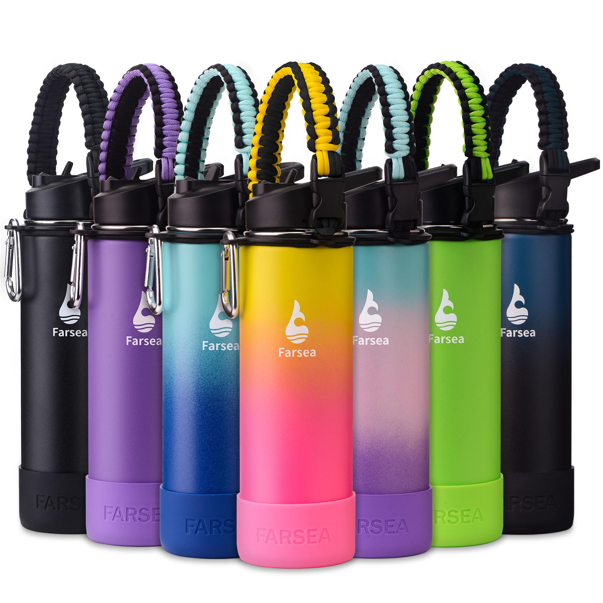 Farsea Insulated Water Bottle With Paracord Handle, Protective Silicone Boot and 2 Lids (Straw Lid & Spout Lid), Stainless Steel Water Bottle Wide Mouth, Double Wall Sweat-Proof BPA-Free, 18 oz