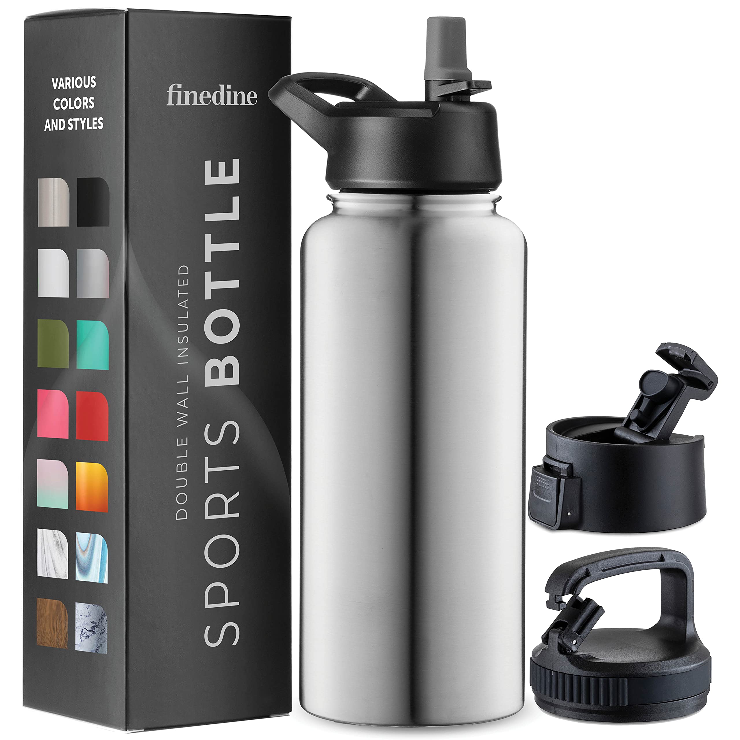 FineDine 25 Oz Insulated Water Bottle with Straw - Triple Walled Stainless Steel Metal Bottle W/ 3 Leak Proof Lids - For Travel, School, Sports, Gym/Men, Women & Kids - Inky Raven Black