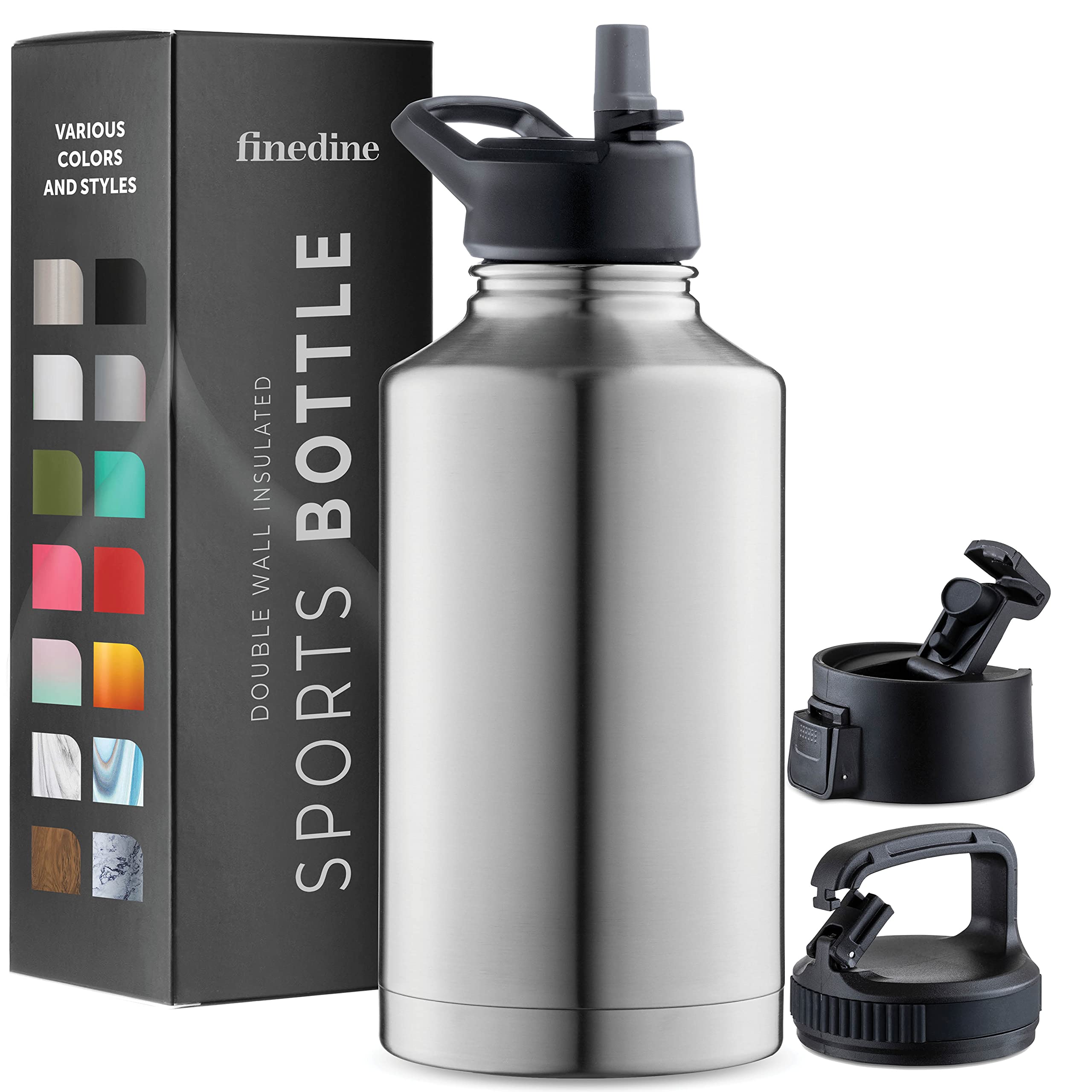 FineDine 25 Oz Insulated Water Bottle with Straw - Triple Walled Stainless Steel Metal Bottle W/ 3 Leak Proof Lids - For Travel, School, Sports, Gym/Men, Women & Kids - Inky Raven Black
