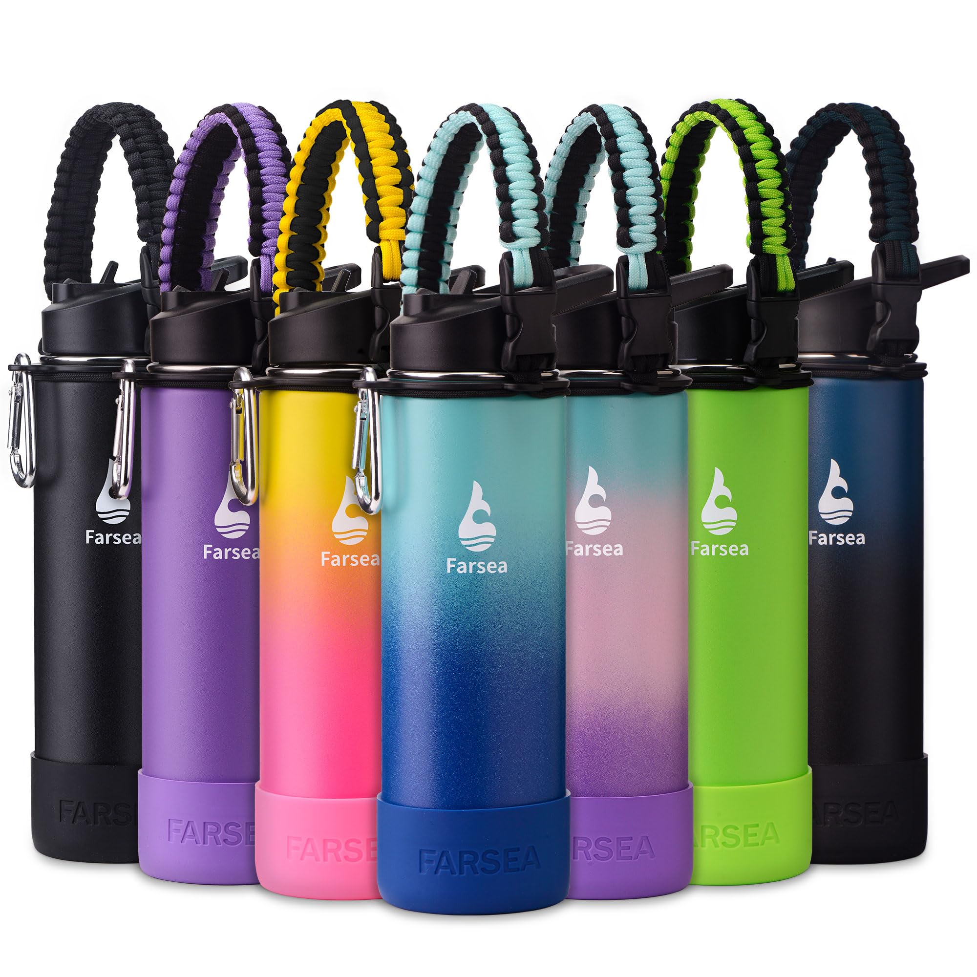 Farsea Insulated Water Bottle With Paracord Handle, Protective Silicone Boot and 2 Lids (Straw Lid & Spout Lid), Stainless Steel Water Bottle Wide Mouth, Double Wall Sweat-Proof BPA-Free, 18 oz