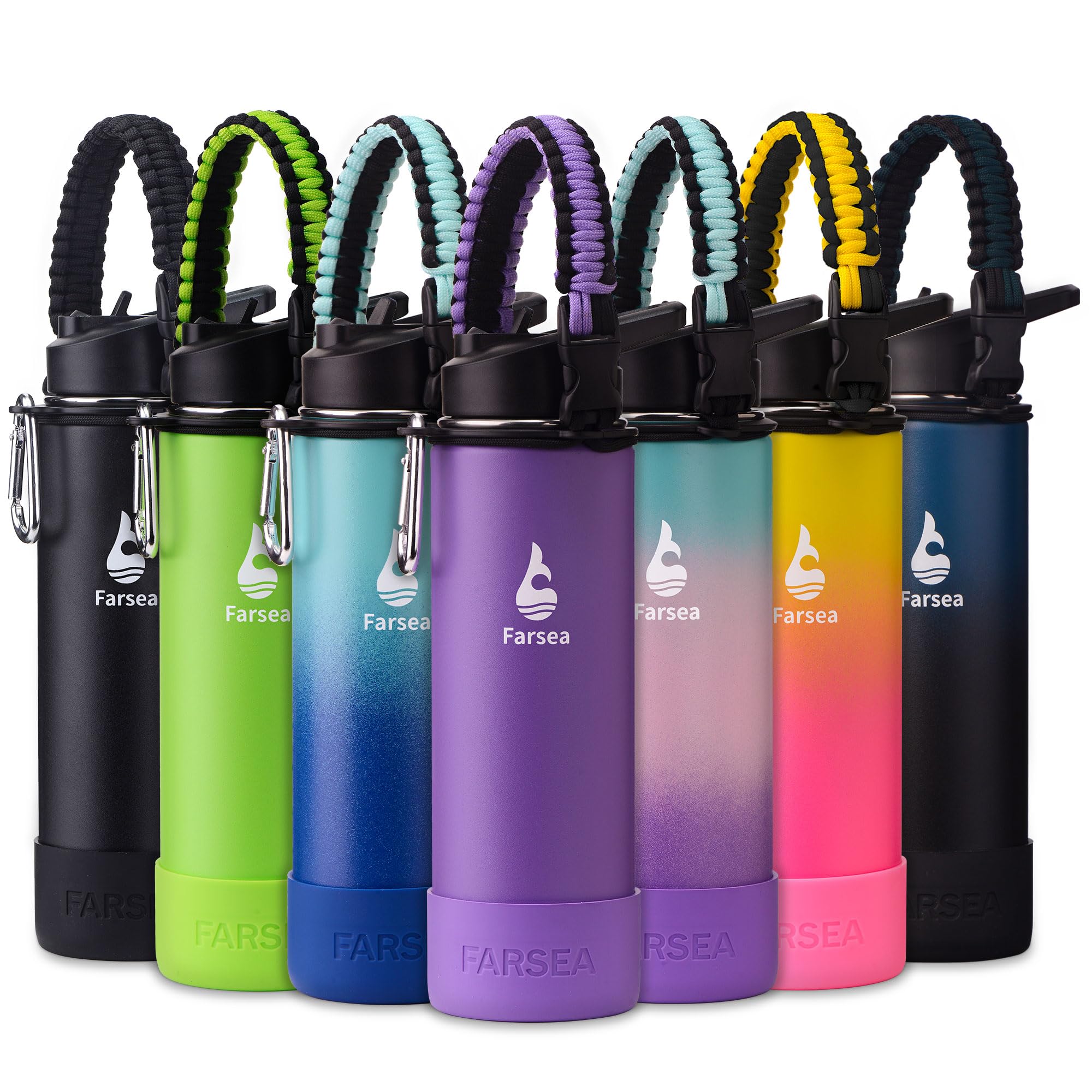 Farsea Insulated Water Bottle With Paracord Handle, Protective Silicone Boot and 2 Lids (Straw Lid & Spout Lid), Stainless Steel Water Bottle Wide Mouth, Double Wall Sweat-Proof BPA-Free, 18 oz