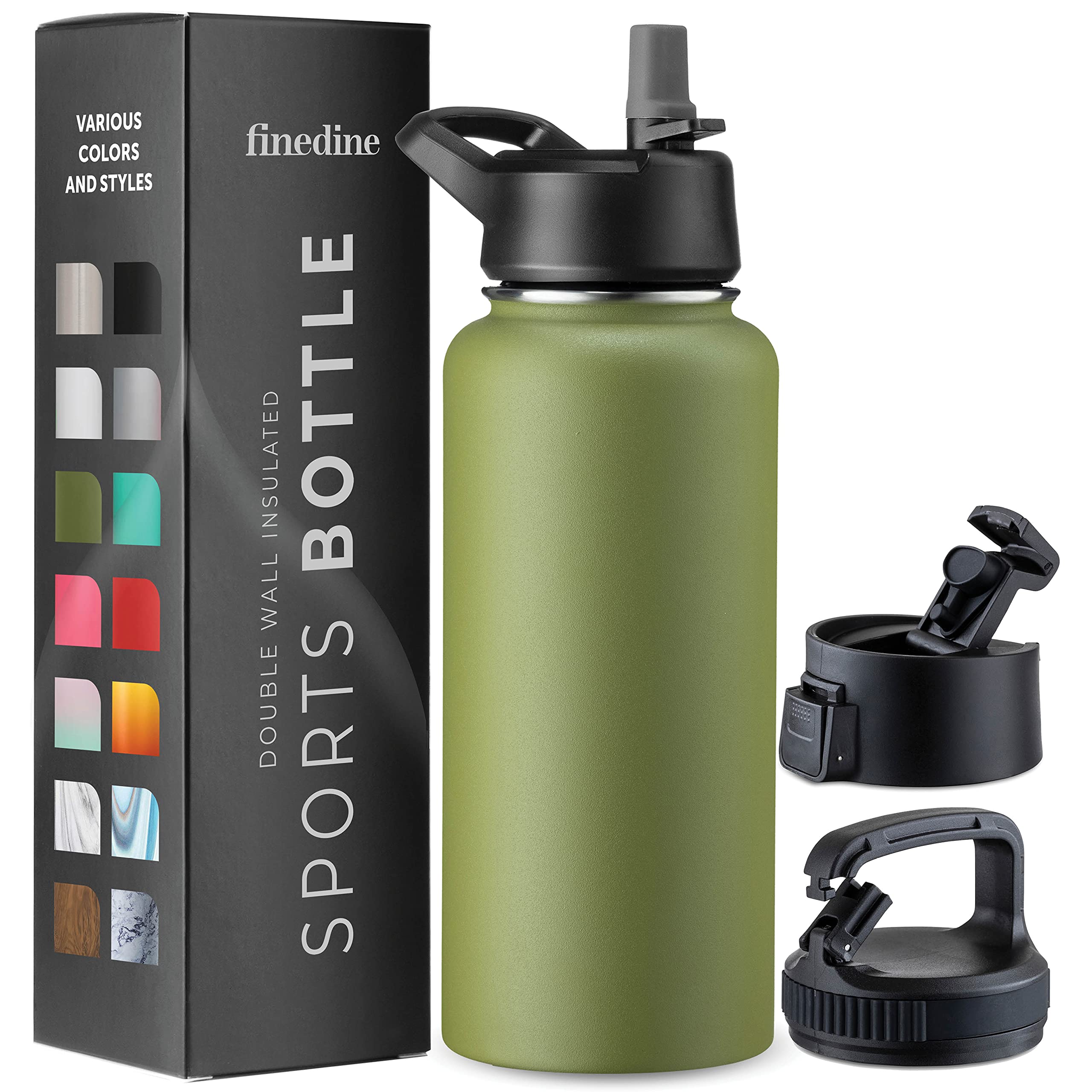 FineDine 25 Oz Insulated Water Bottle with Straw - Triple Walled Stainless Steel Metal Bottle W/ 3 Leak Proof Lids - For Travel, School, Sports, Gym/Men, Women & Kids - Inky Raven Black