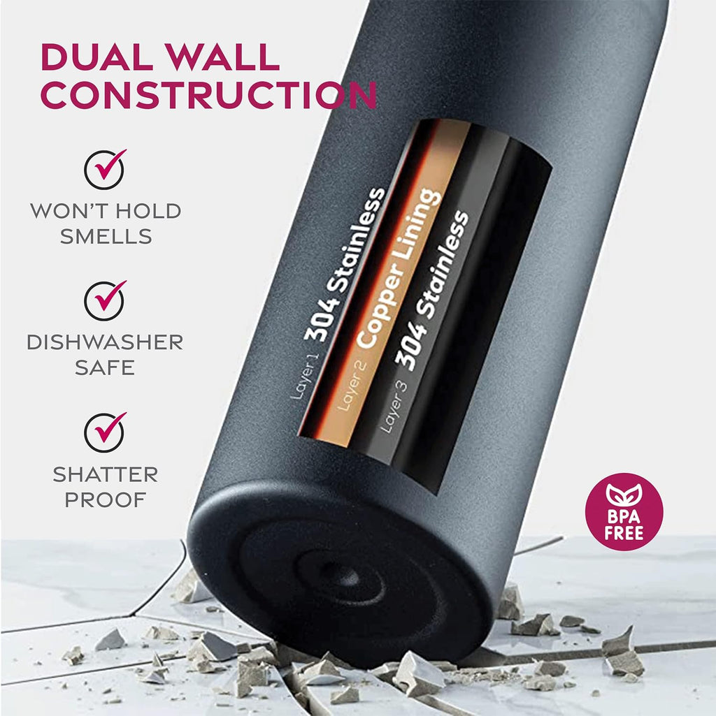 FineDine 25 Oz Insulated Water Bottle with Straw - Triple Walled Stainless Steel Metal Bottle W/ 3 Leak Proof Lids - For Travel, School, Sports, Gym/Men, Women & Kids - Inky Raven Black