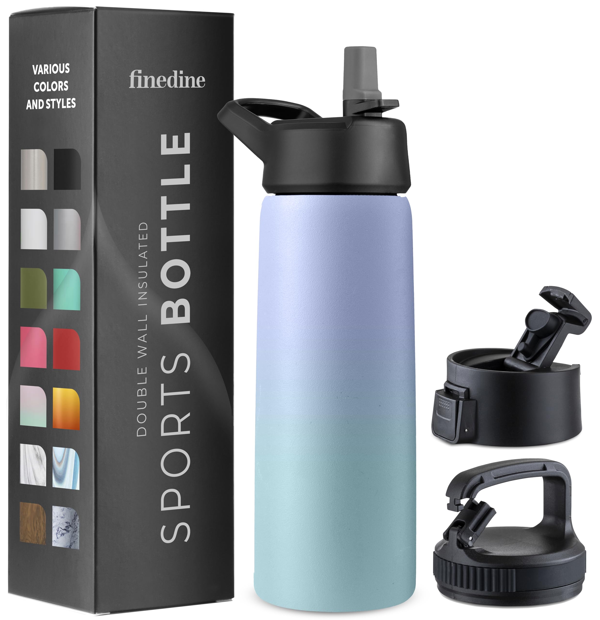 FineDine 25 Oz Insulated Water Bottle with Straw - Triple Walled Stainless Steel Metal Bottle W/ 3 Leak Proof Lids - For Travel, School, Sports, Gym/Men, Women & Kids - Inky Raven Black
