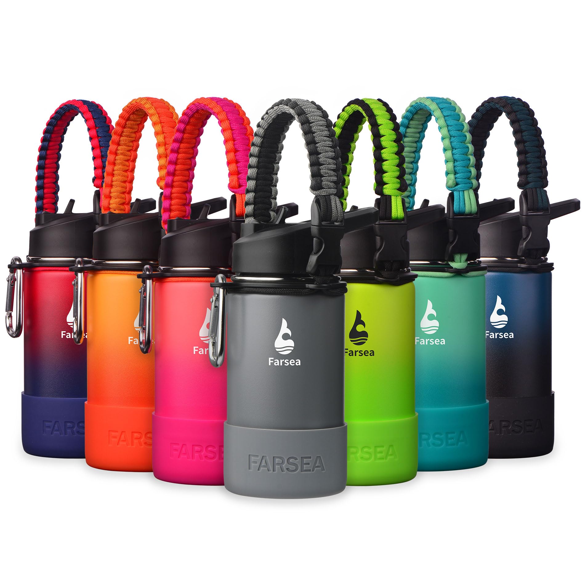Farsea Insulated Water Bottle With Paracord Handle, Protective Silicone Boot and 2 Lids (Straw Lid & Spout Lid), Stainless Steel Water Bottle Wide Mouth, Double Wall Sweat-Proof BPA-Free, 18 oz