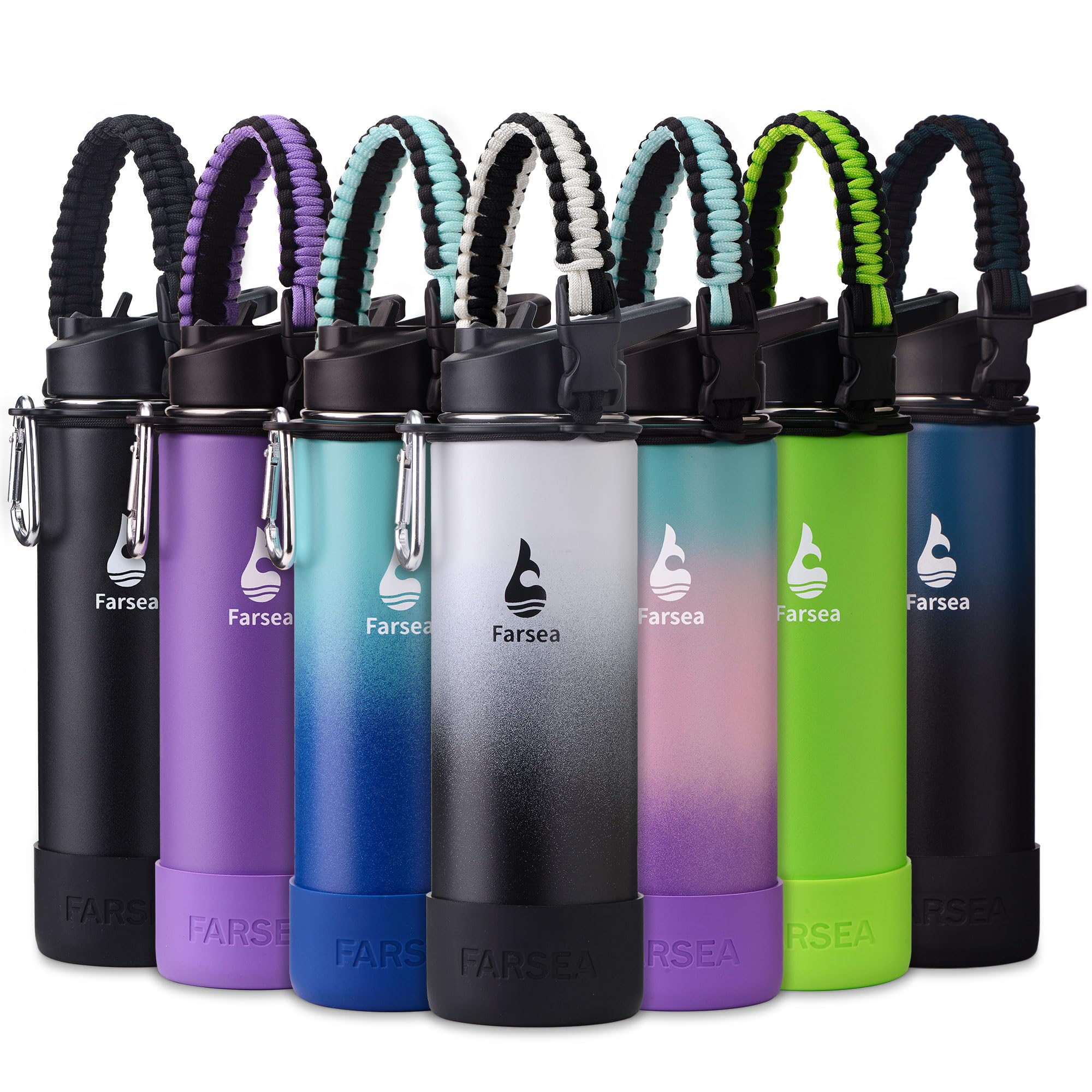 Farsea Insulated Water Bottle With Paracord Handle, Protective Silicone Boot and 2 Lids (Straw Lid & Spout Lid), Stainless Steel Water Bottle Wide Mouth, Double Wall Sweat-Proof BPA-Free, 18 oz