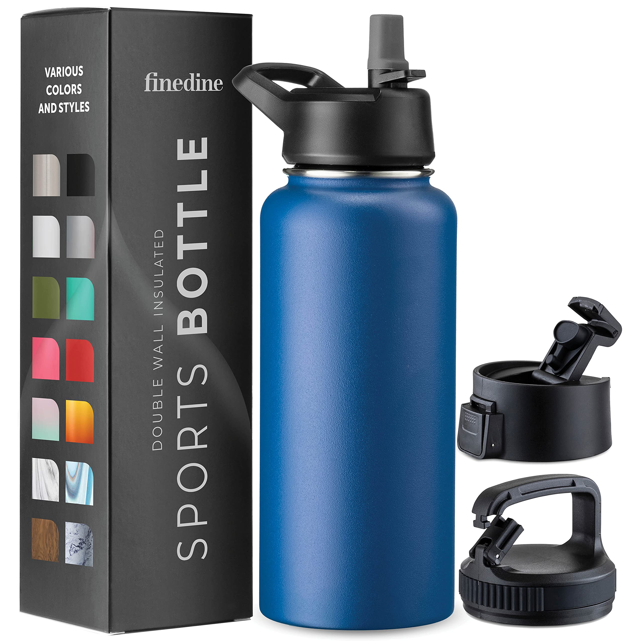 FineDine 25 Oz Insulated Water Bottle with Straw - Triple Walled Stainless Steel Metal Bottle W/ 3 Leak Proof Lids - For Travel, School, Sports, Gym/Men, Women & Kids - Inky Raven Black
