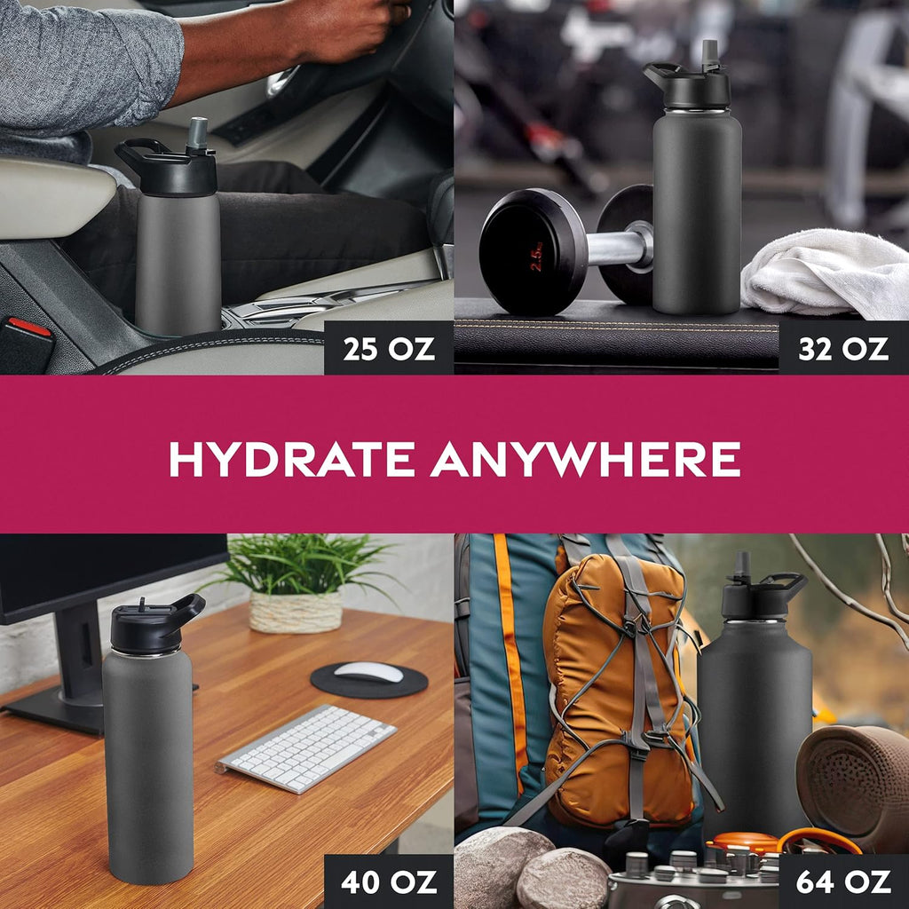 FineDine 25 Oz Insulated Water Bottle with Straw - Triple Walled Stainless Steel Metal Bottle W/ 3 Leak Proof Lids - For Travel, School, Sports, Gym/Men, Women & Kids - Inky Raven Black