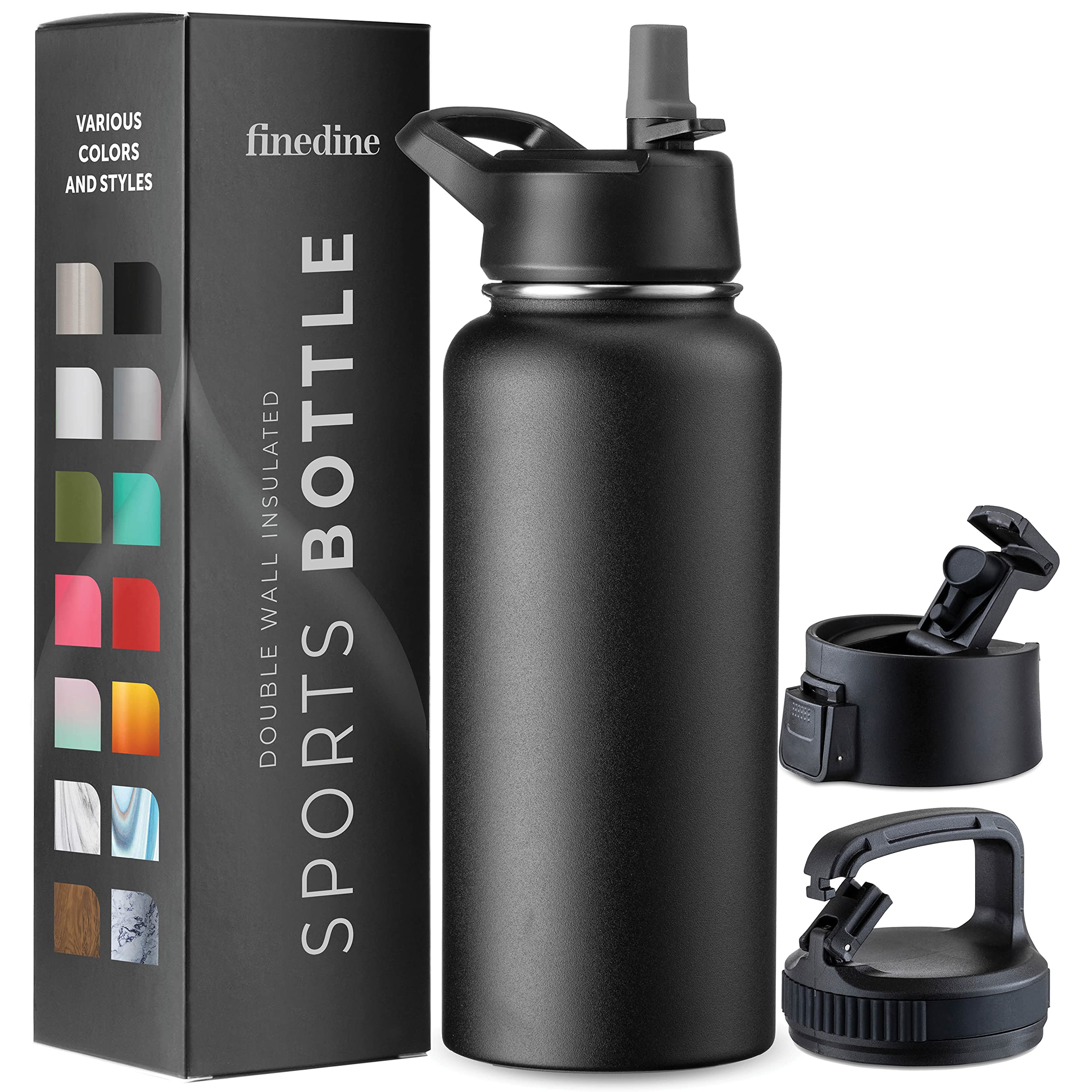 FineDine 25 Oz Insulated Water Bottle with Straw - Triple Walled Stainless Steel Metal Bottle W/ 3 Leak Proof Lids - For Travel, School, Sports, Gym/Men, Women & Kids - Inky Raven Black